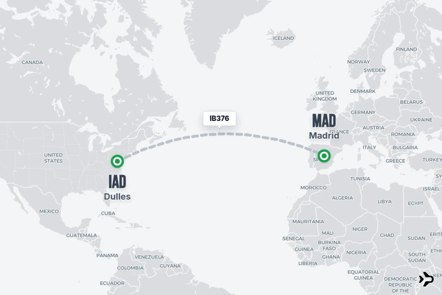 IB376 flight map from IAD to MAD