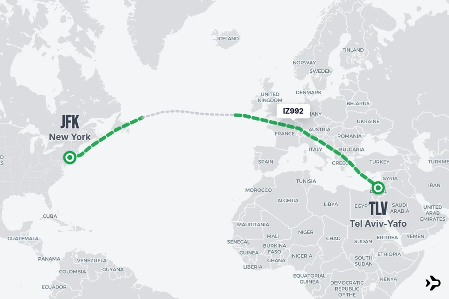IZ992 flight map from JFK to TLV