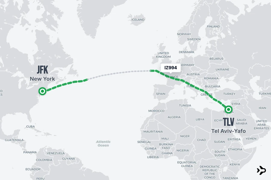 IZ994 flight map from JFK to TLV