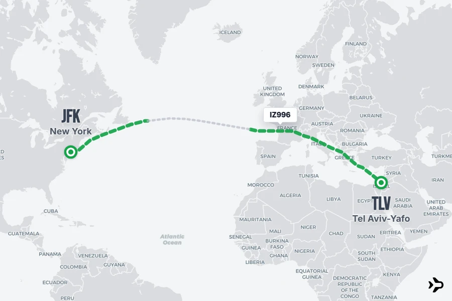 IZ996 flight map from JFK to TLV