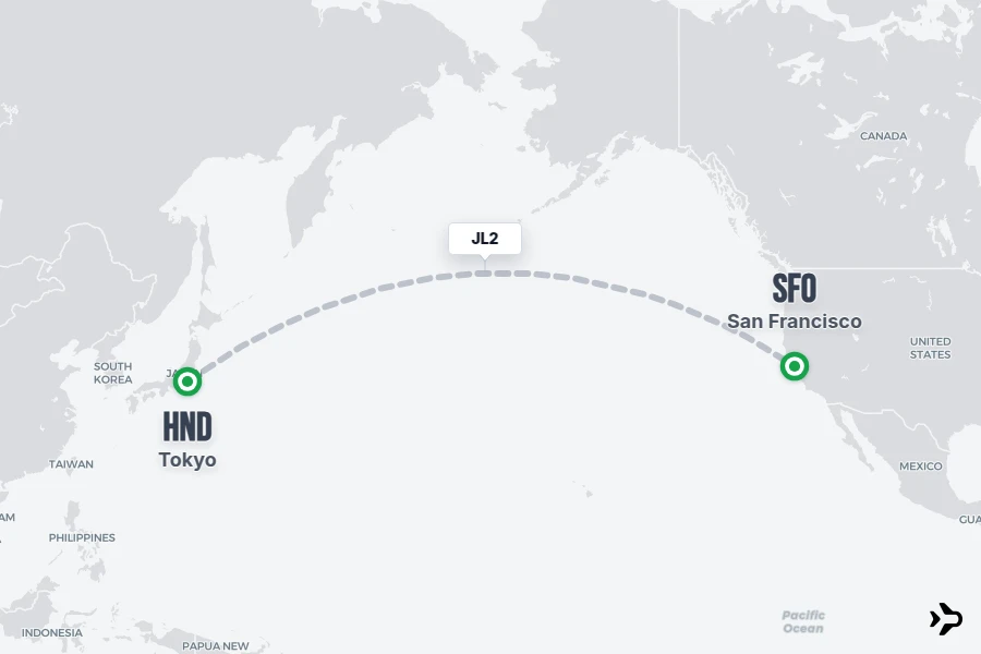 JL2 flight map from HND to SFO