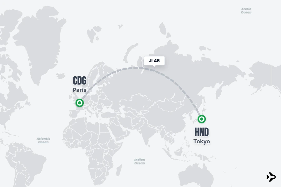 JL46 flight map from CDG to HND