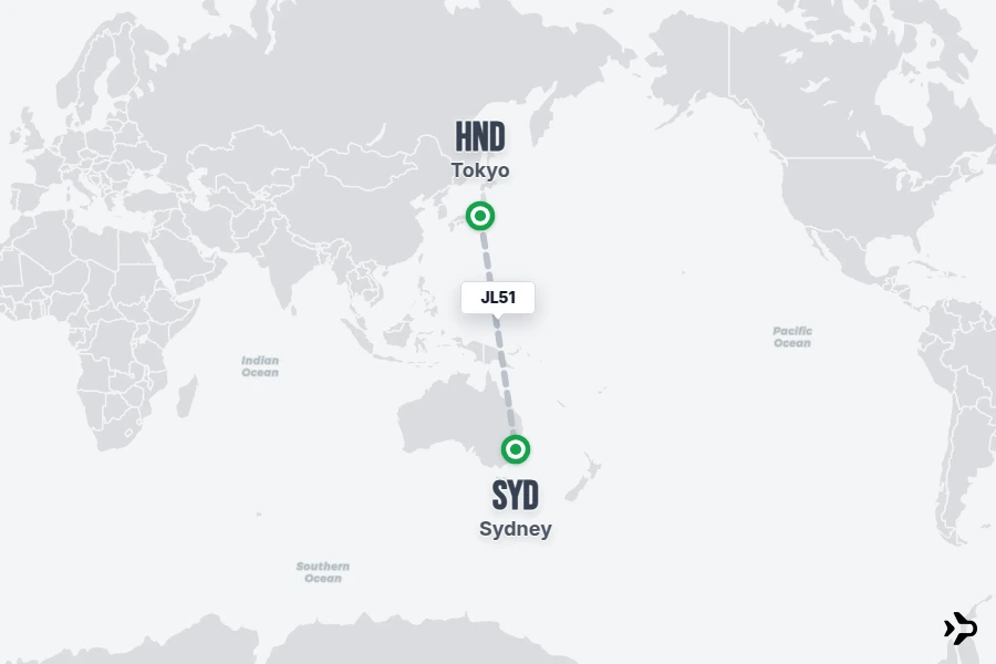 JL51 flight map from HND to SYD