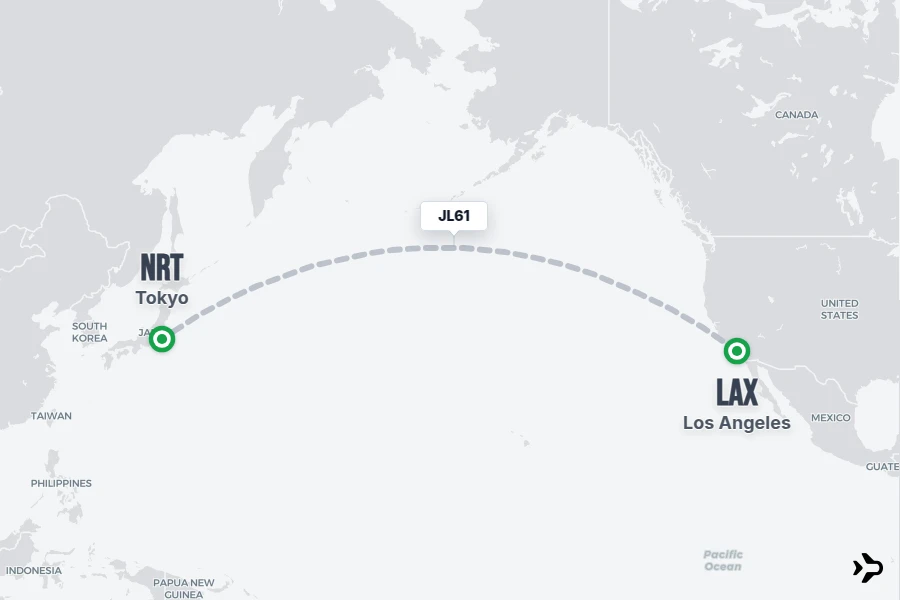 JL61 flight map from LAX to NRT