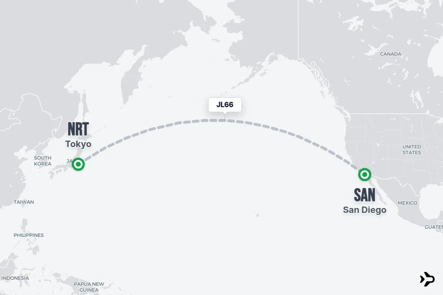 JL66 flight map from NRT to SAN