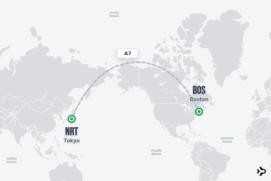 JL7 flight map from BOS to NRT