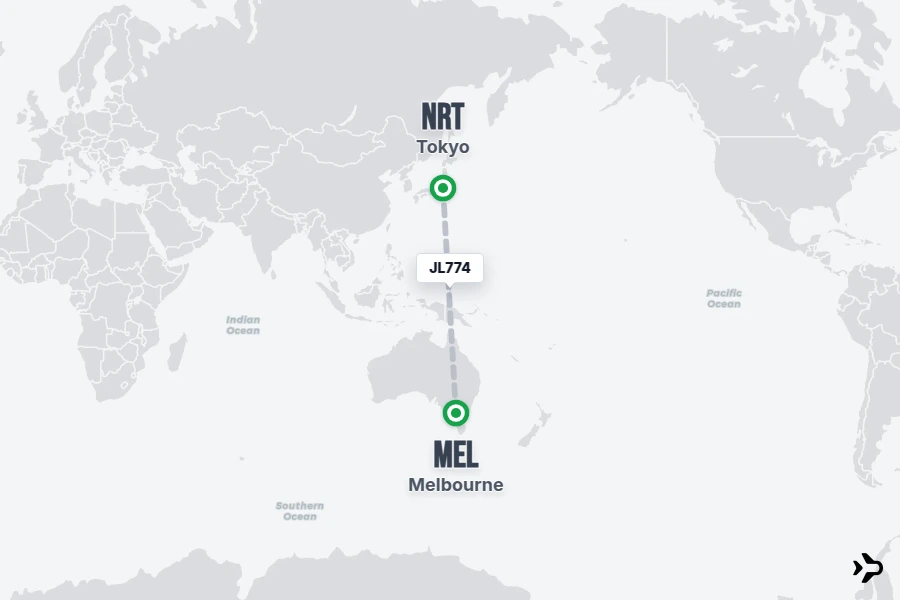JL774 flight map from MEL to NRT