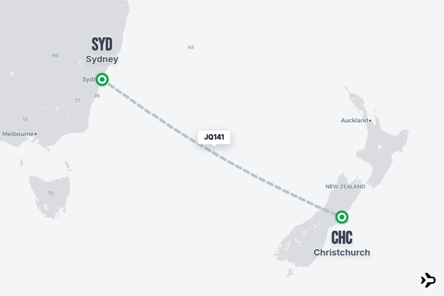 JQ141 flight map from SYD to CHC