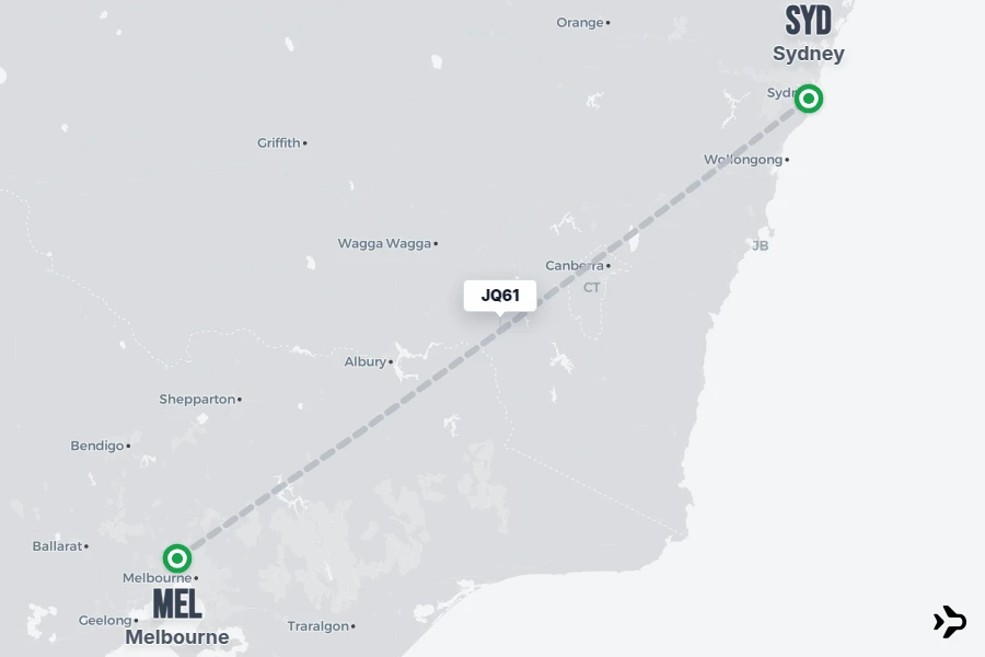 JQ61 flight map from MEL to SYD