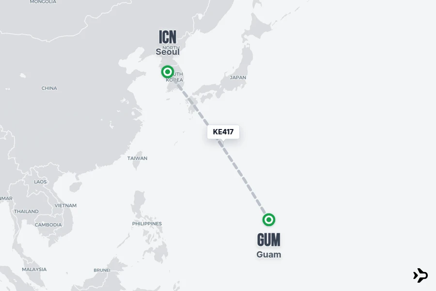 KE417 flight map from ICN to GUM