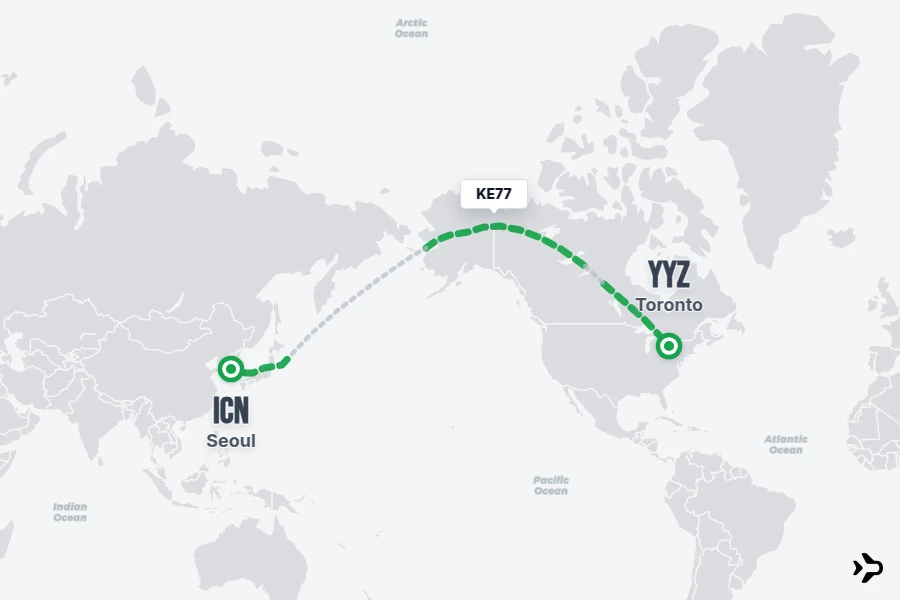 KE77 flight map from ICN to YYZ