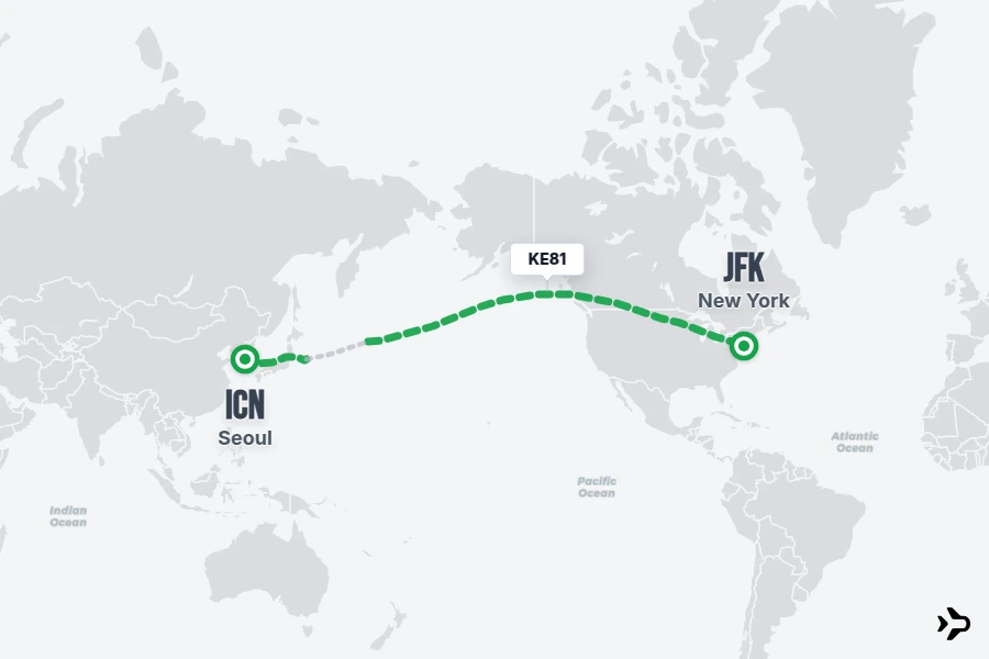 KE81 flight map from ICN to JFK