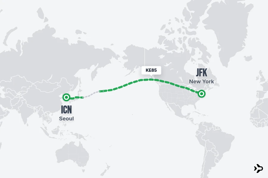 KE85 flight map from ICN to JFK