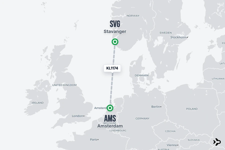 KL1174 flight map from SVG to AMS