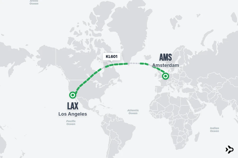 KL601 flight map from AMS to LAX