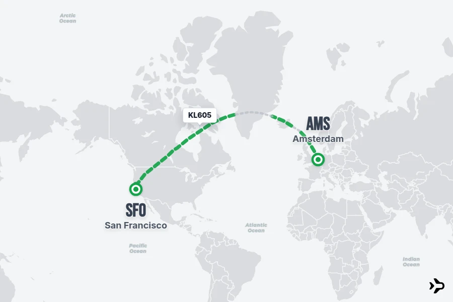 KL605 flight map from AMS to SFO