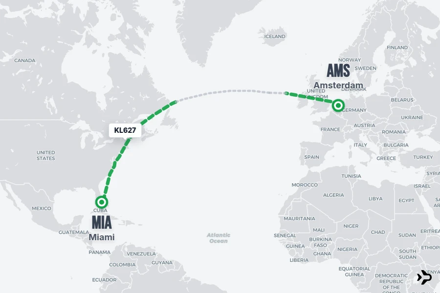 KL627 flight map from AMS to MIA