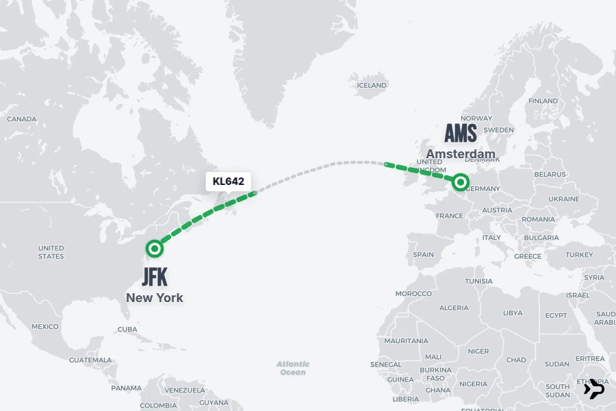 KL642 flight map from JFK to AMS