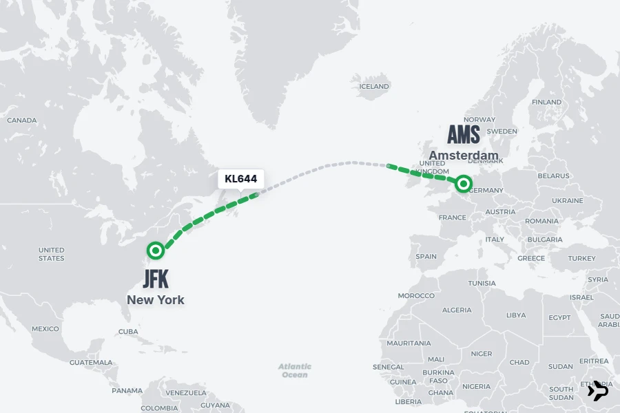 KL644 flight map from JFK to AMS