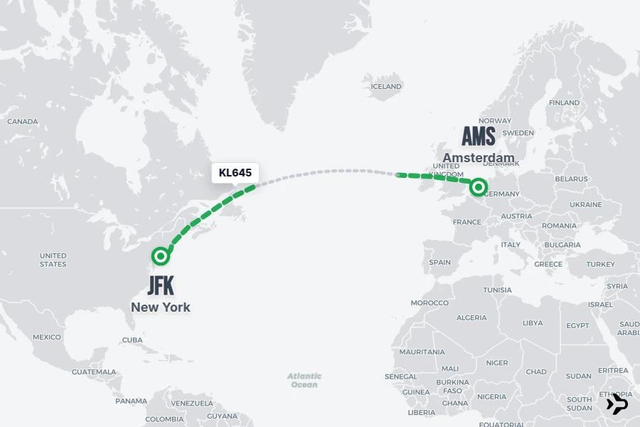 KL645 flight map from AMS to JFK