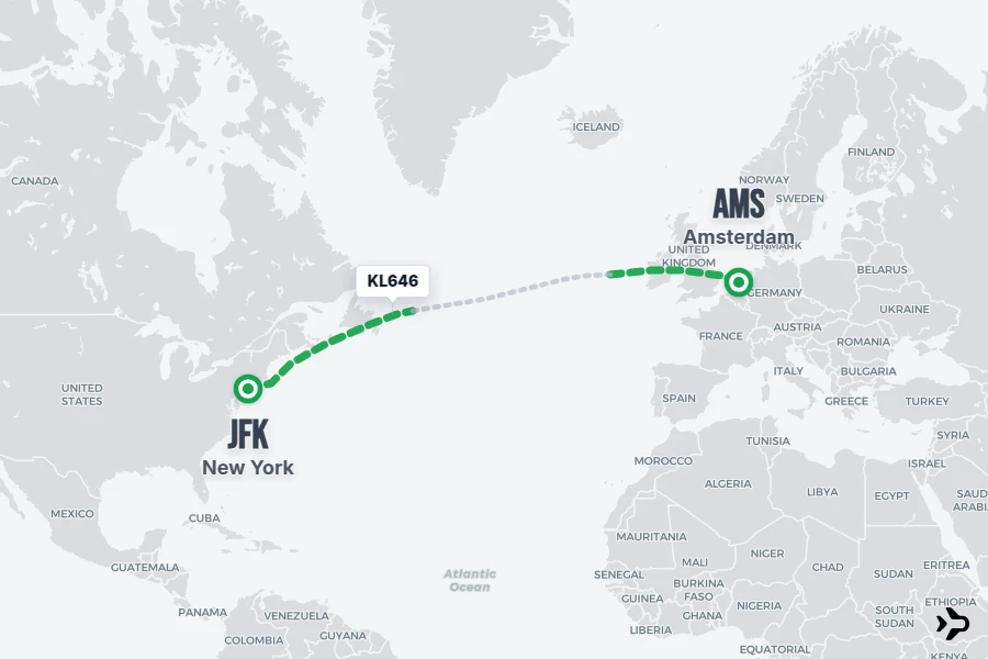 KL646 flight map from JFK to AMS