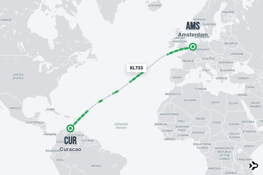 KL733 flight map from AMS to CUR
