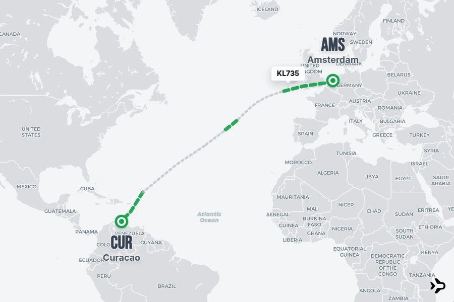 KL735 flight map from AMS to CUR