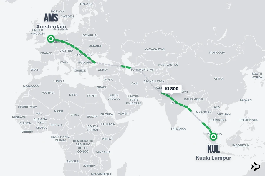 KL809 flight map from AMS to KUL