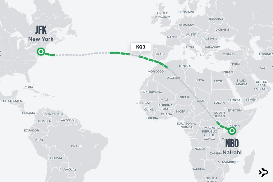 KQ3 flight map from JFK to NBO