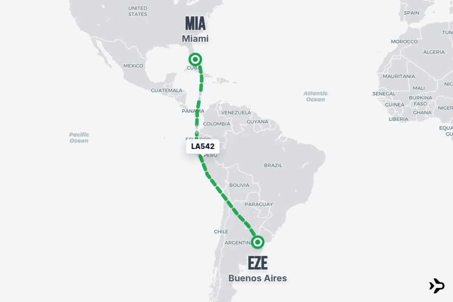 LA542 flight map from EZE to MIA