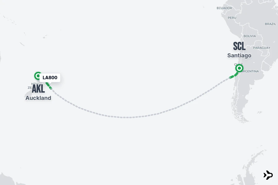 LA800 flight map from AKL to SCL