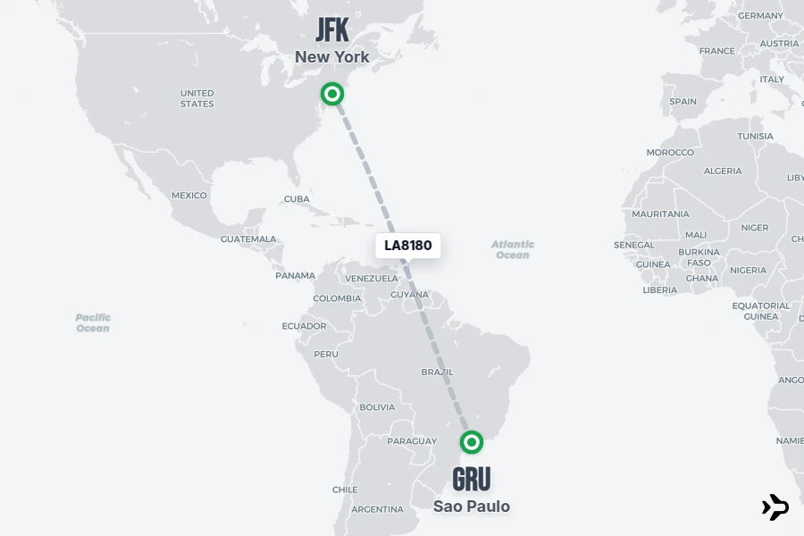 LA8180 flight map from GRU to JFK