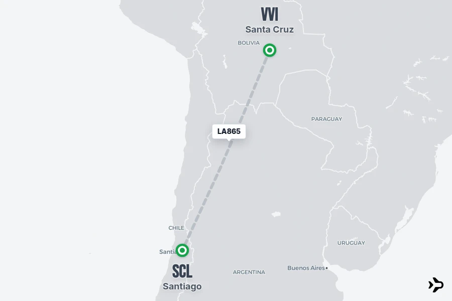 LA865 flight map from VVI to SCL