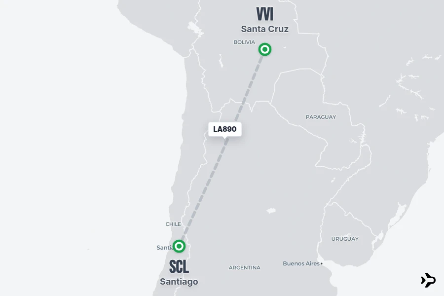 LA890 flight map from VVI to SCL