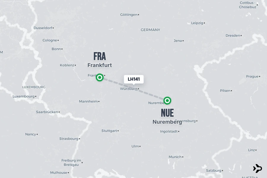 LH141 flight map from NUE to FRA