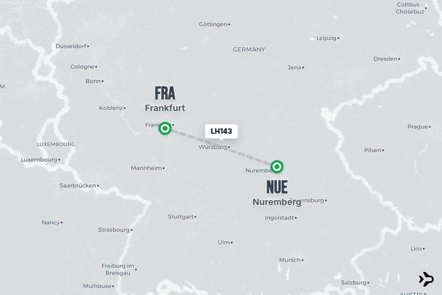 LH143 flight map from NUE to FRA