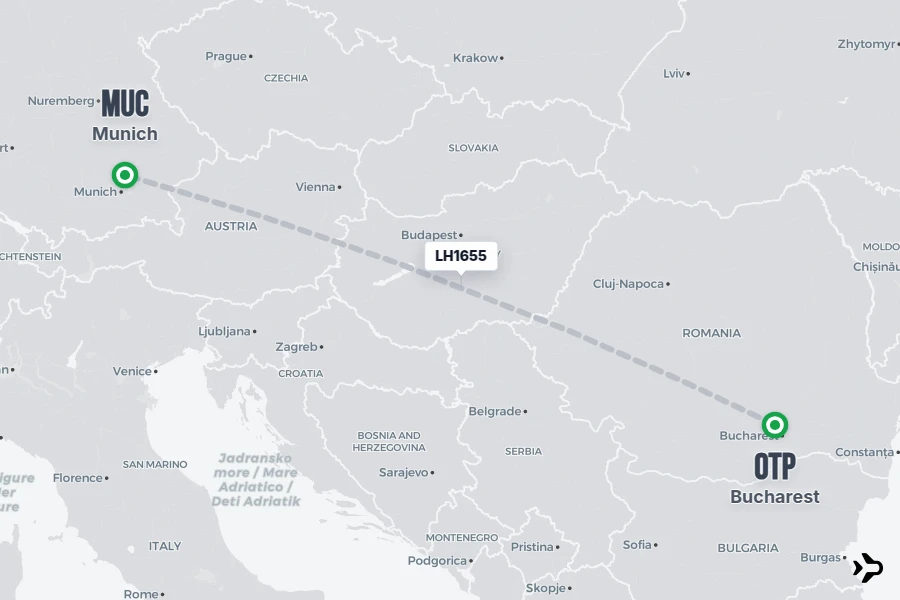LH1655 flight map from OTP to MUC