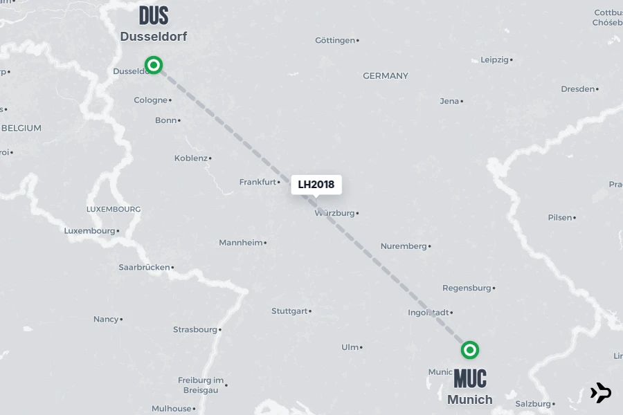 LH2018 flight map from MUC to DUS
