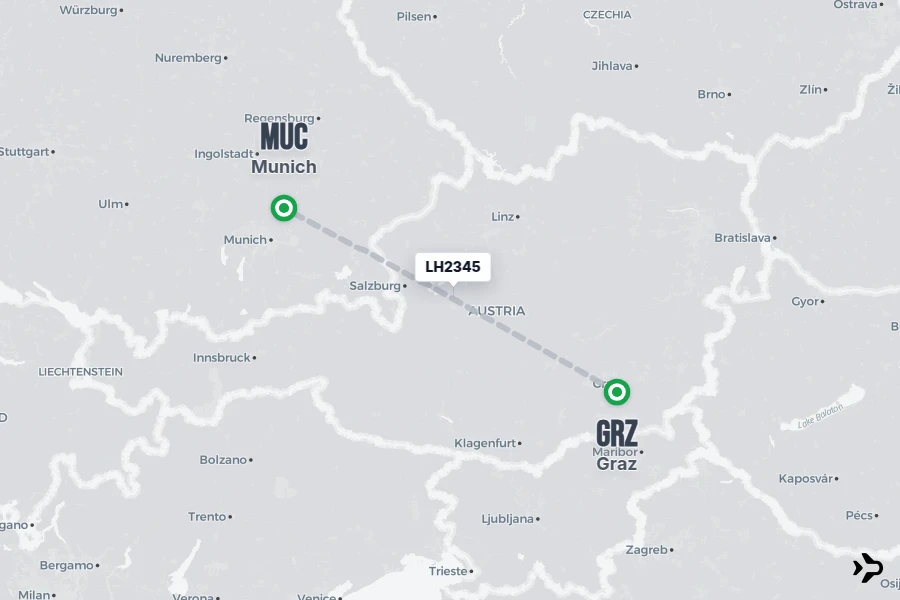 LH2345 flight map from GRZ to MUC