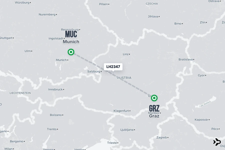 LH2347 flight map from GRZ to MUC