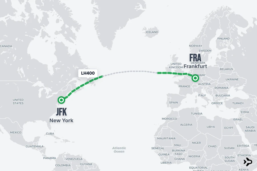 LH400 flight map from FRA to JFK