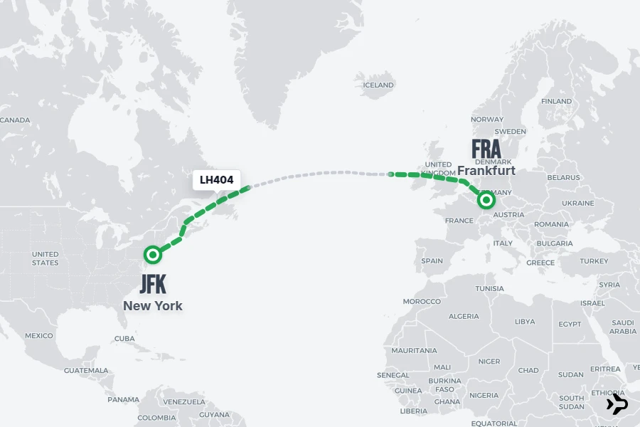 LH404 flight map from FRA to JFK