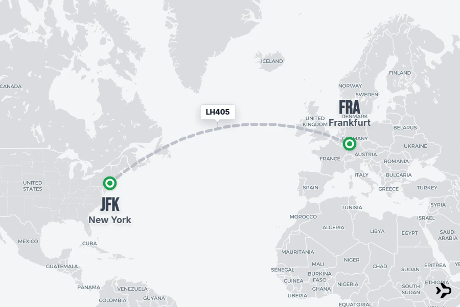 LH405 flight map from JFK to FRA