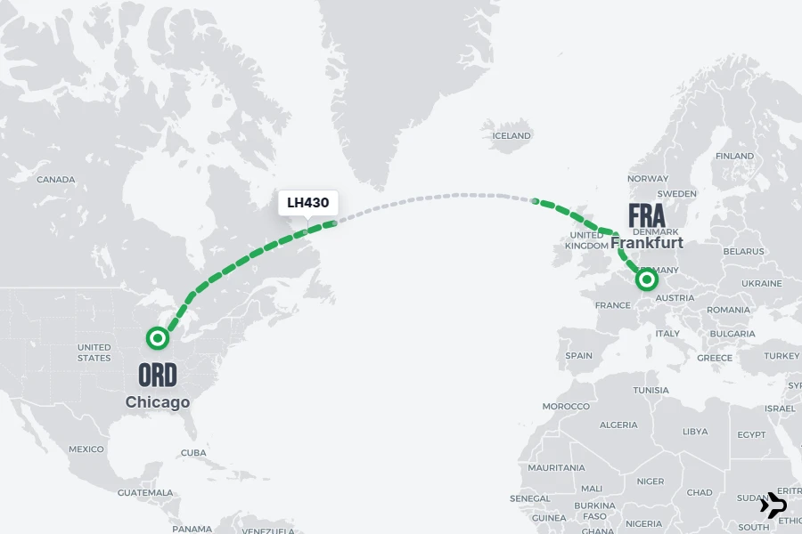 LH430 flight map from FRA to ORD