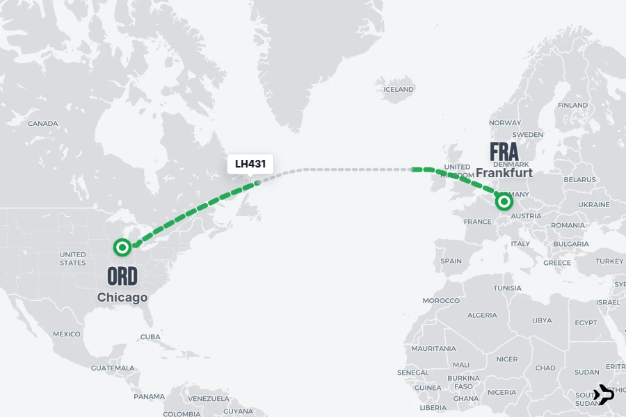 LH431 flight map from ORD to FRA