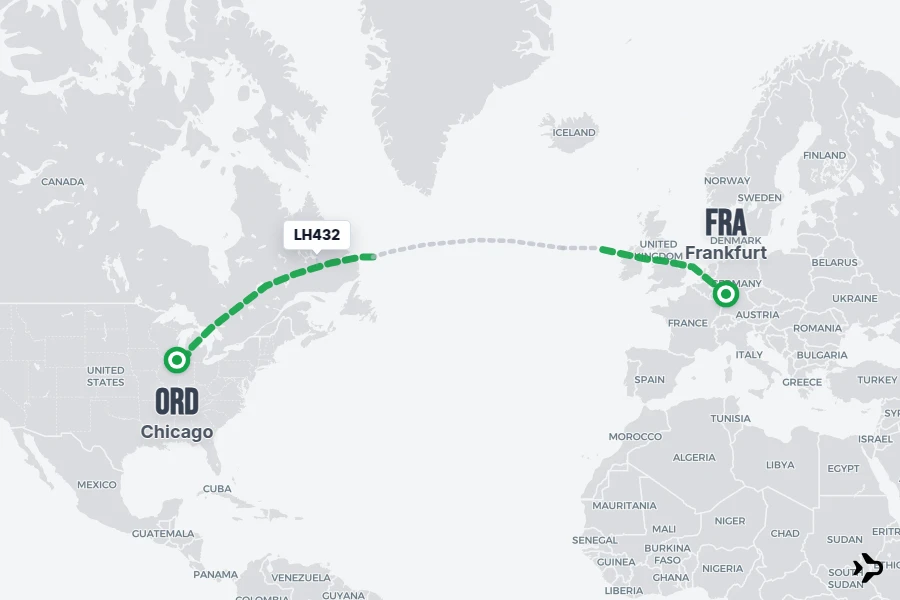 LH432 flight map from FRA to ORD