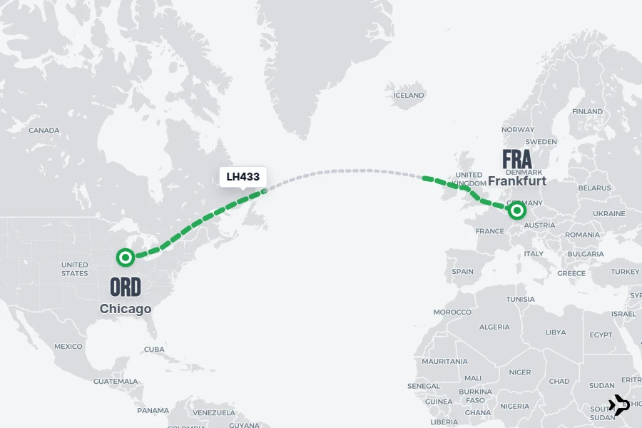 LH433 flight map from ORD to FRA