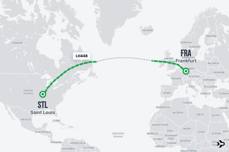 LH448 flight map from FRA to STL