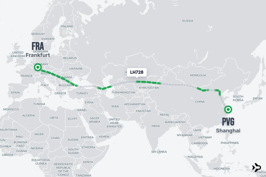 LH728 flight map from FRA to PVG