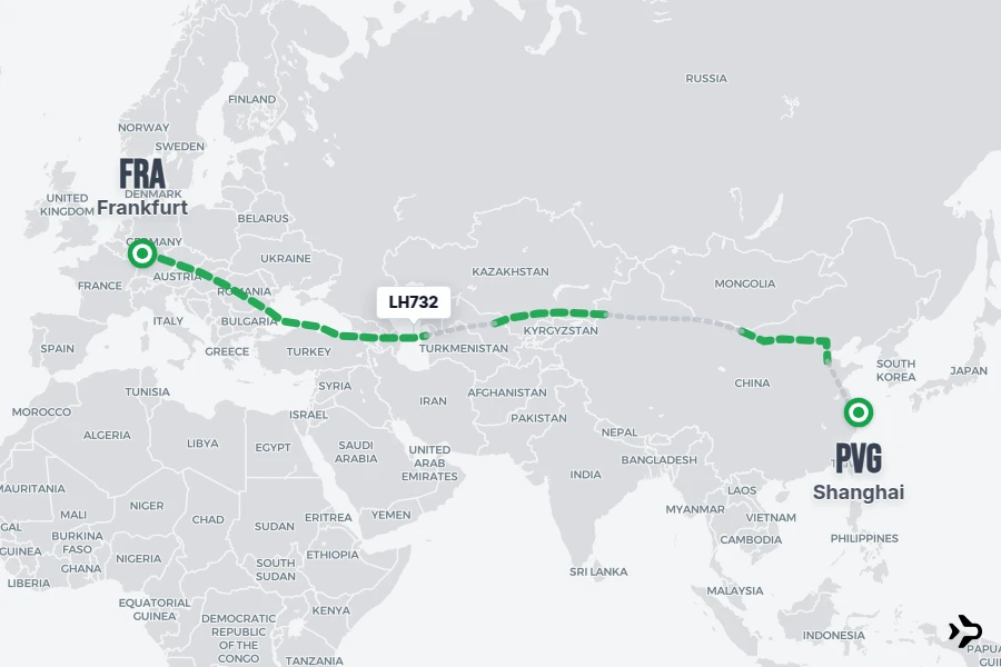 LH732 flight map from FRA to PVG
